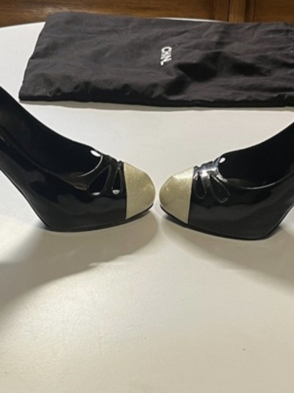 CHANEL Black Patent Pumps with Gold Cap Toe - Picture 8 of 10